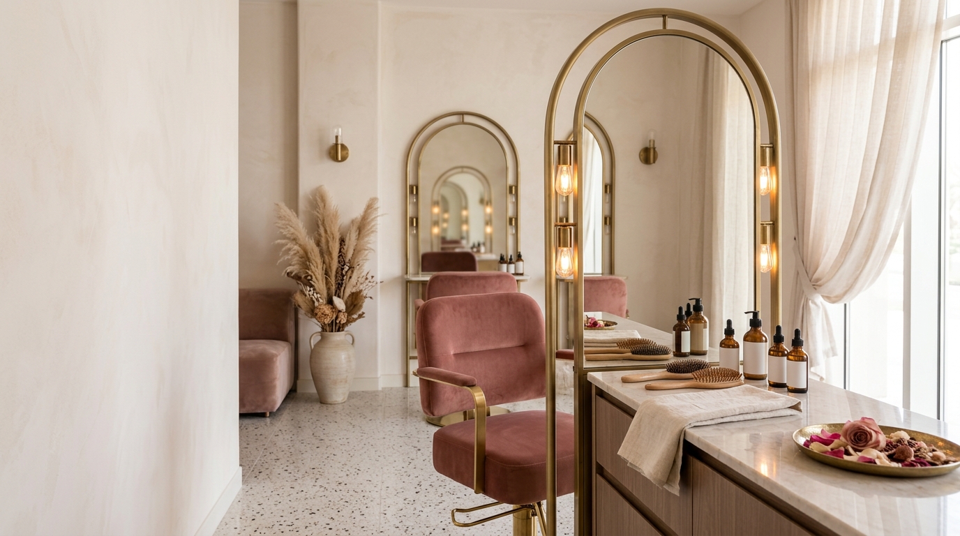 A salon interior with mirrors, chairs and soft lighting