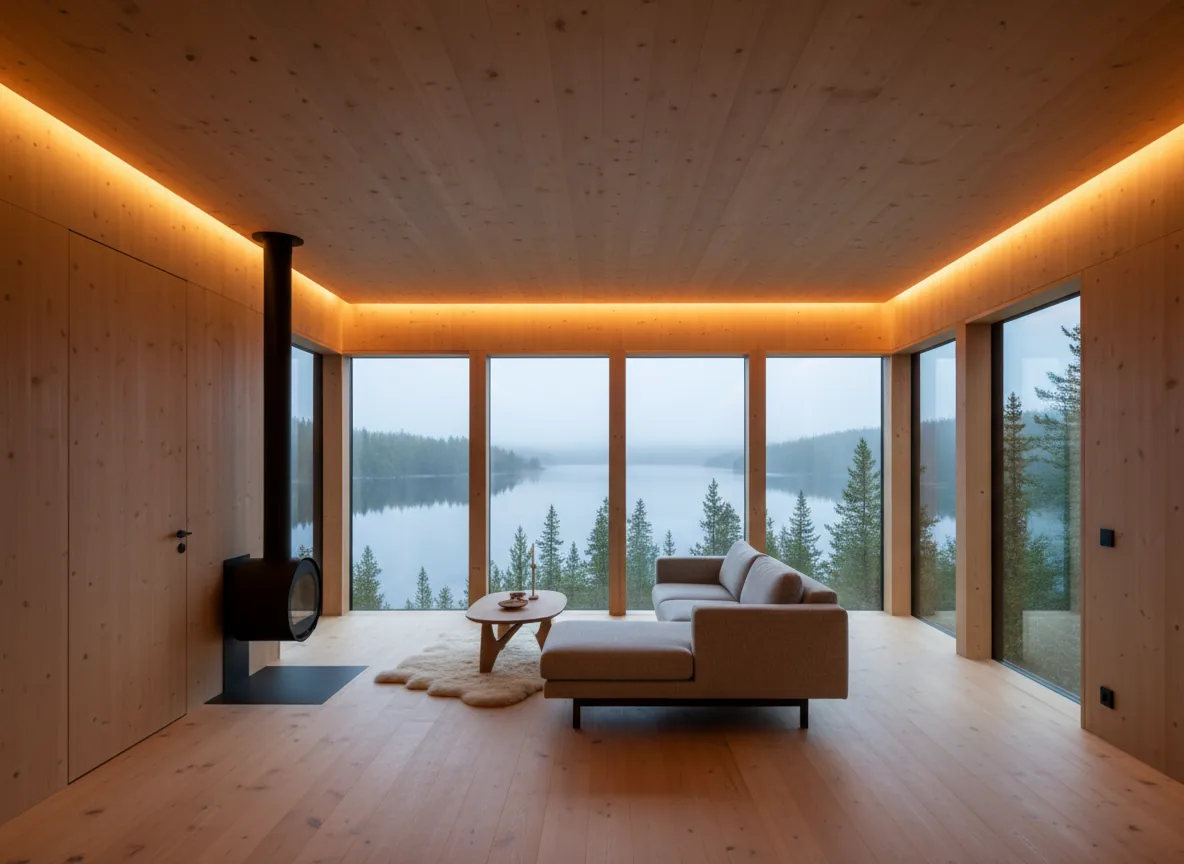 Cabin interior with hand-finished timber walls