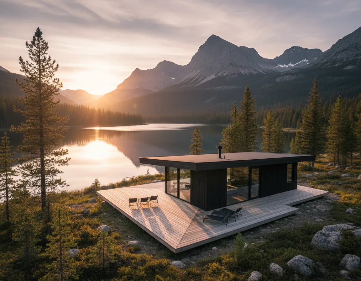Getra cabin exterior at dusk