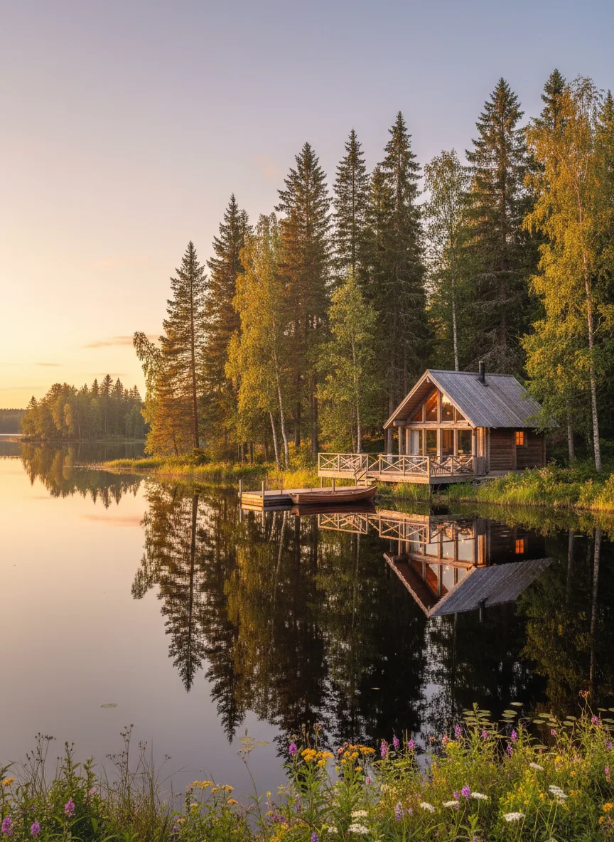 The cabin and its dock at golden hour
