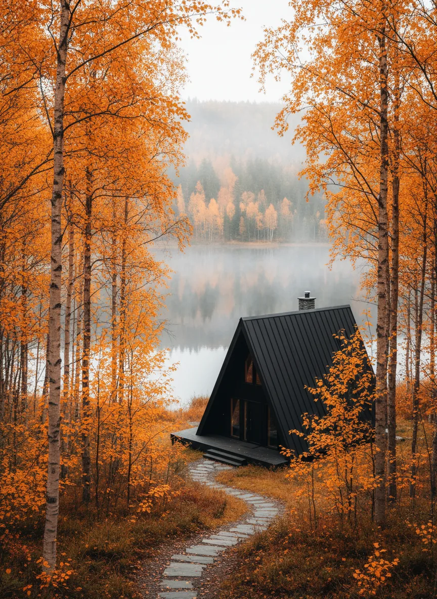 The cabin among autumn birches above the lake