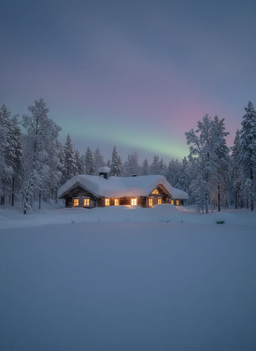 The cabin under snow and northern light