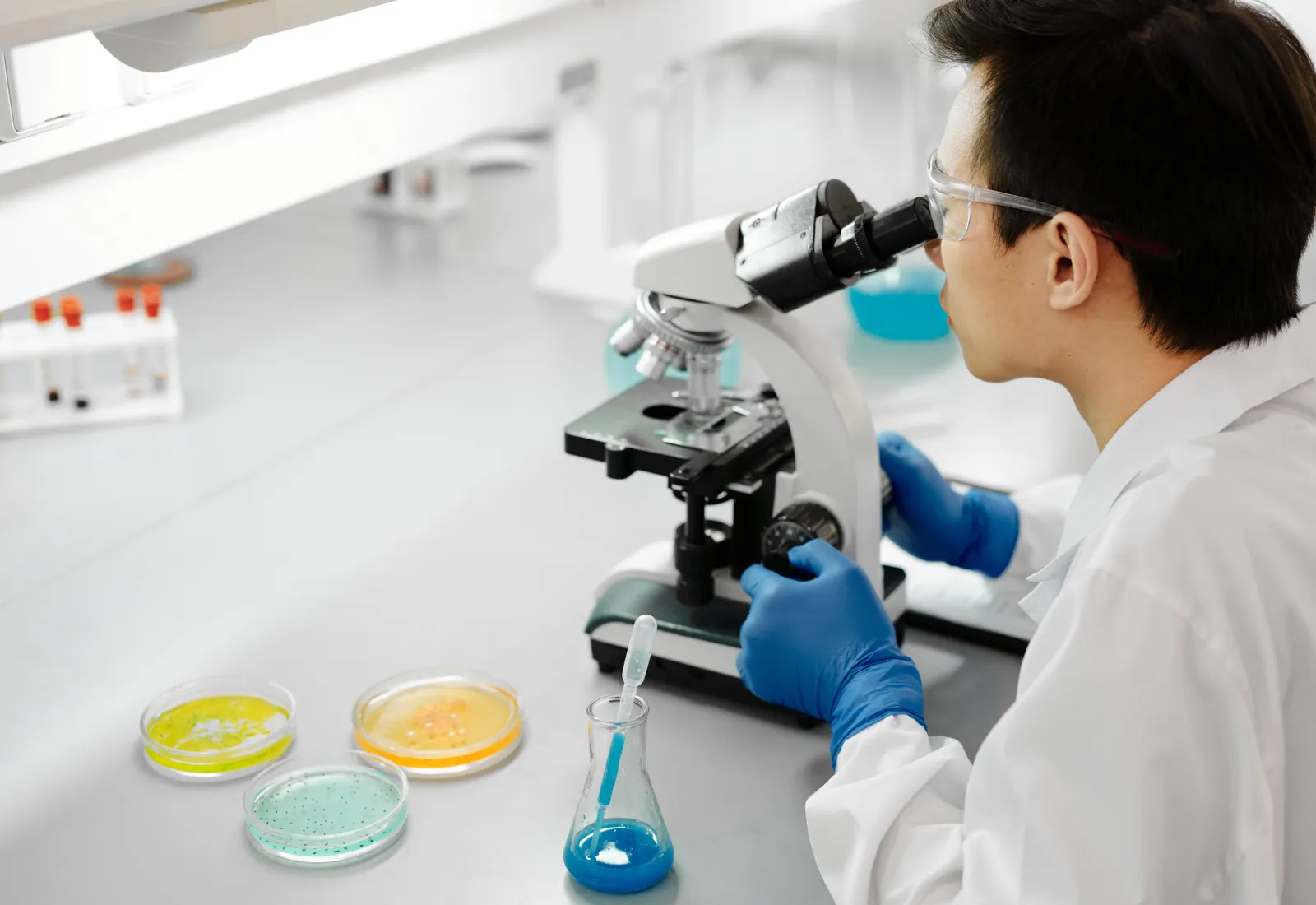A scientist examining a sample through a laboratory microscope